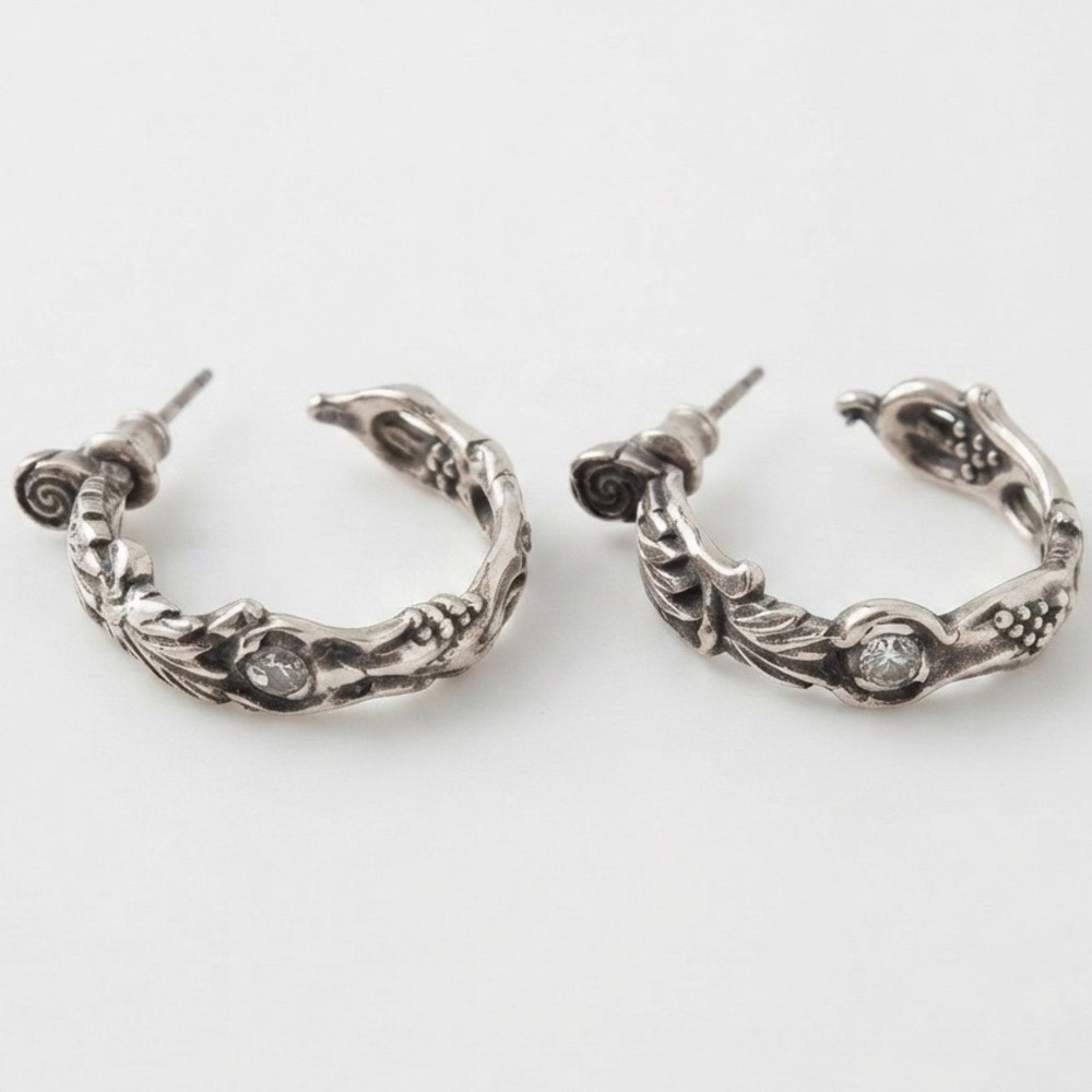 Vintage Sterling Silver Botanical Leaf Vine Hoop Earrings Ornate Nature Elegant